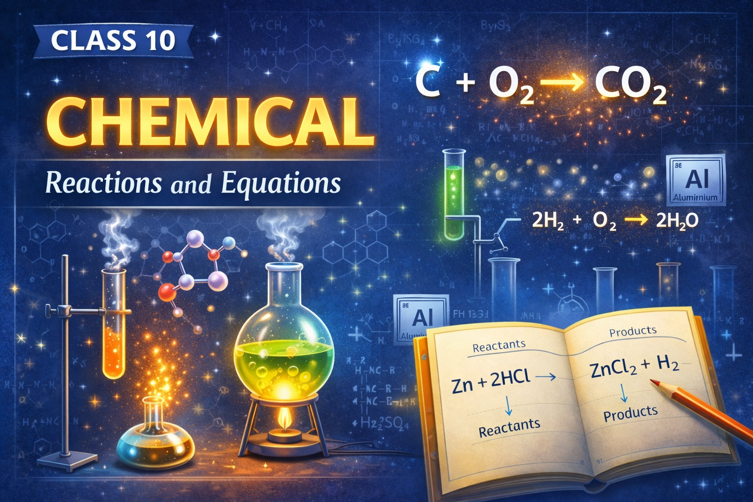 Chemistry is happening around us all the time — when iron rusts, when milk turns into curd, when food is digested, or when fuel burns. All these processes involve chemical reactions. In Class 10 Science, the chapter Chemical Reactions and Chemical Equations is the foundation of Chemistry. It teaches you: ✔ What a chemical reaction is ✔ How to write chemical equations ✔ Types of chemical reactions ✔ Oxidation and reduction ✔ Corrosion and rancidity